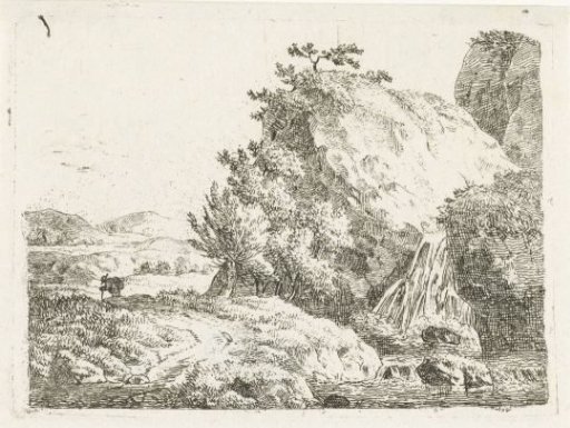 Mountain landscape with waterfall and walker