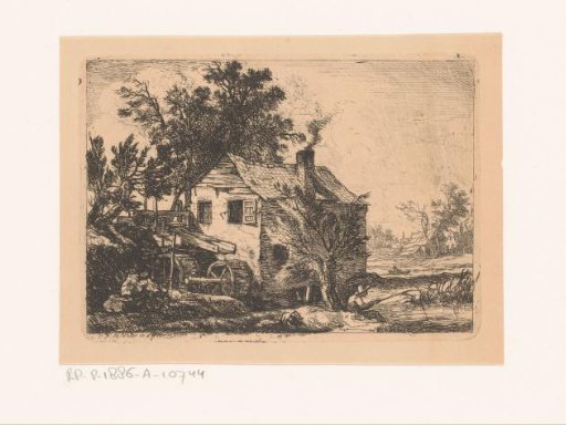 Landscape with watermill and a fisherman