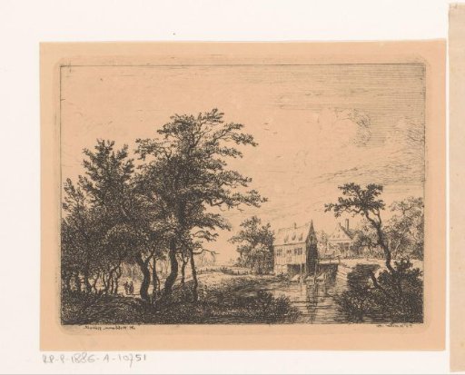Landscape with watermill and two figures among the trees