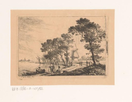 Landscape with figures along a bank and a windmill