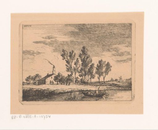 Landscape with house and fishing boat on the water