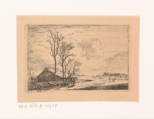 Winter landscape with a figure sitting on a boat putting on skates