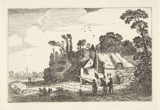 Figures on a country road near a farmhouse