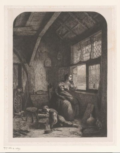 Woman with two sleeping children waiting by an open window