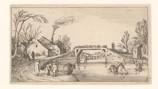 Landscape with skaters by a bridge with sheep
