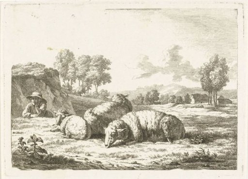 Landscape with reclining shepherd near three sheep