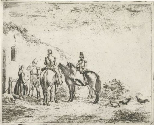 Three Soldiers Pausing at a House