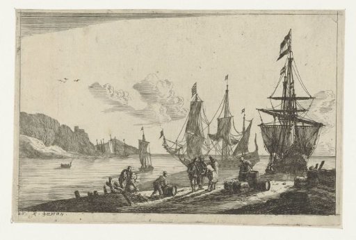 Harbour with sailing ships and sailors on the quay