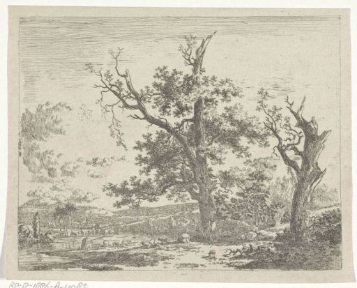 Arcadian landscape with shepherds under a tall tree