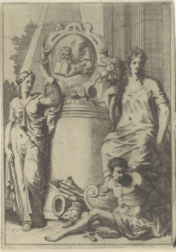 Justice and Abundance Beside a Coat of Arms with the Lion of the Evangelist Mark