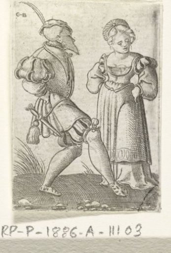 Dancing Couple, the man wears a hat with a long feather