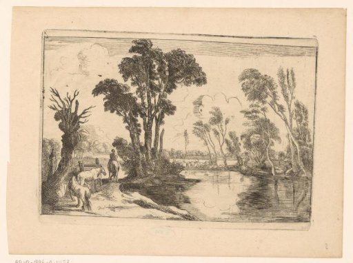 Landscape with a rider and two horses walking along a lake