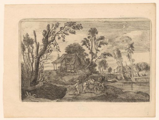 Landscape by moonlight with a farm and a man with a donkey by a body of water
