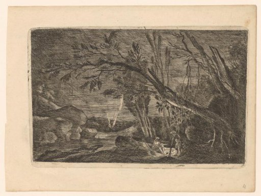 Two men with rifles sitting by a fire, in a landscape at night