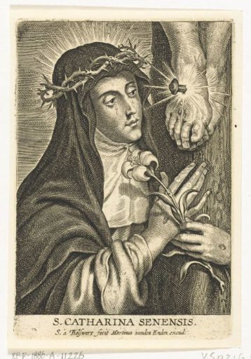 Saint Catherine of Siena with stigmata at the crucifix