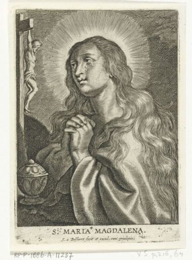 Mary Magdalene kneeling in prayer before a crucifix