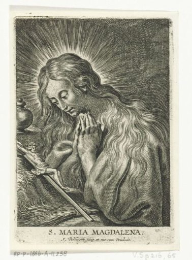 Mary Magdalene kneeling in prayer before a crucifix
