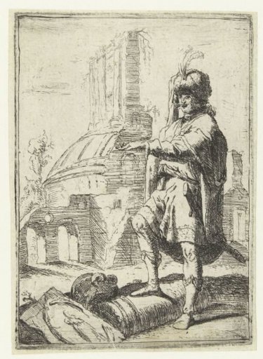 Self-portrait in Oriental costume standing before ruins