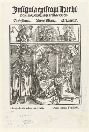Title page with Johannes Teuschlein presenting his book to the bishop of Würzburg