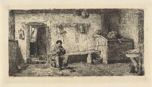Man smoking a pipe in a barn