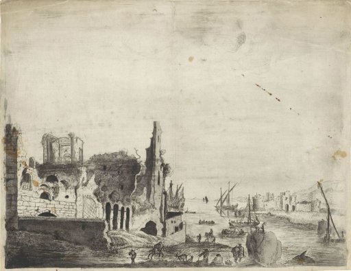 View of a river landscape with ruins