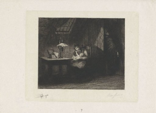 Woman with child by lamplight