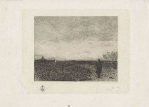 Flat landscape with a man with a walking stick