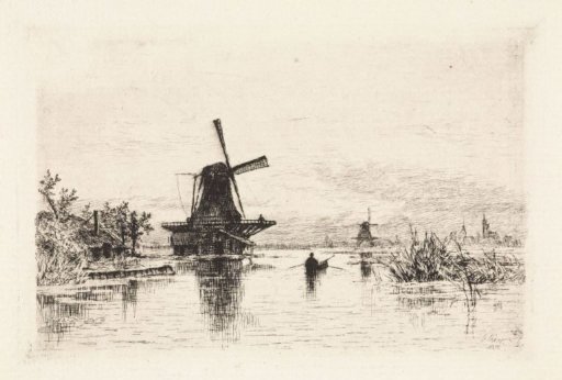 Landscape with two mills and a rowing boat