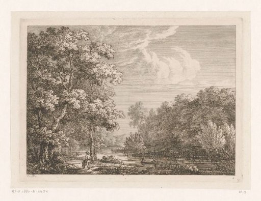 Forest landscape with a river, a man with a wheelbarrow in the foreground