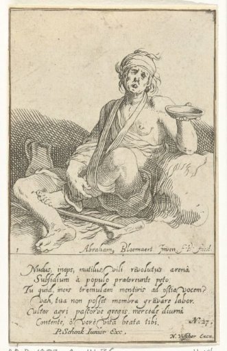 Sitting beggar with his leg in a sling