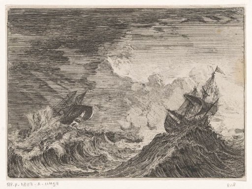 Two sailing ships lifted by the waves during a storm