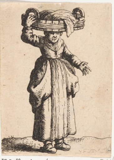 Washerwoman with tub on her head