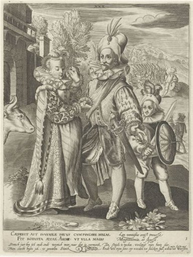 Third stage of life of thirty years with a soldier taking leave of his wife and going to war