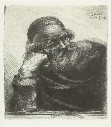 Old man, leaning on his right arm