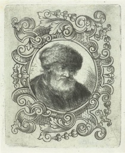 Old man with fur hat in ornamental border