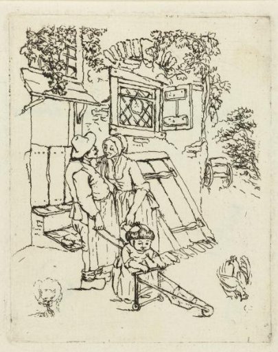 Peasant and peasant woman with a child in front of a house