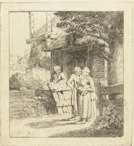 Two Women and a Man in Front of a Farmhouse