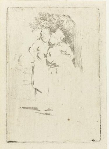 Two standing peasant women, one with a child on her arm