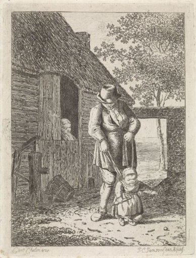 Peasant with child on a leash