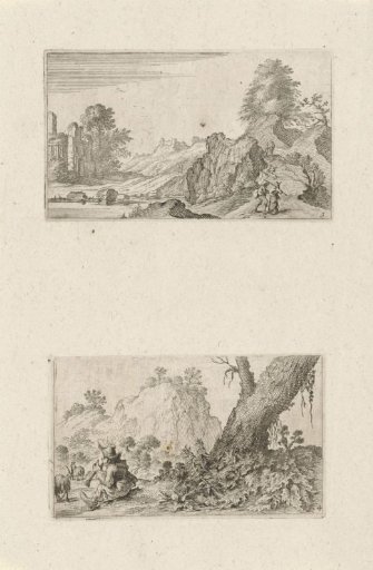 Walkers in a hilly landscape and a shepherd boy