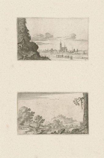 Two climbers on a ruin and a river landscape
