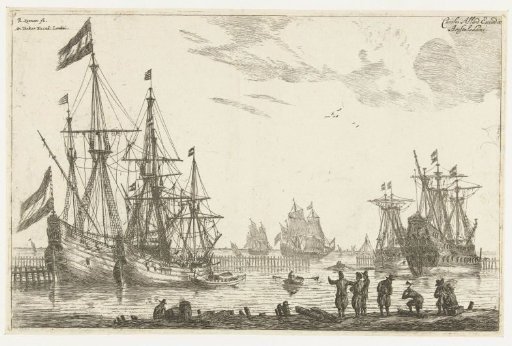 Four sailing ships behind a breakwater