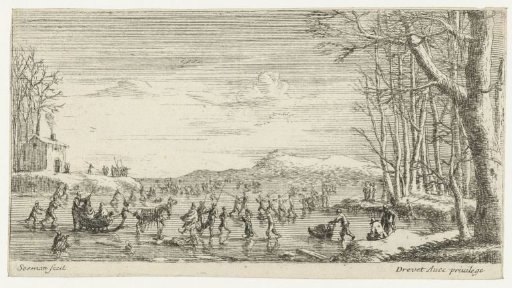 Frozen river with skaters