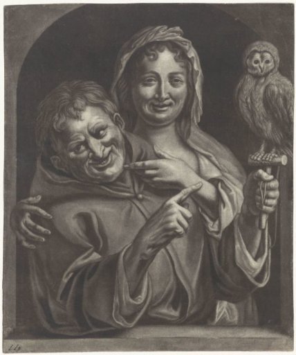 Man with an owl in a window