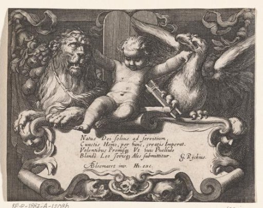 Title page with child between a tamed lion and a bird of prey above a shield with verse