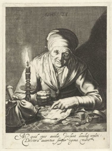 Old woman as personification of Avarity counting money