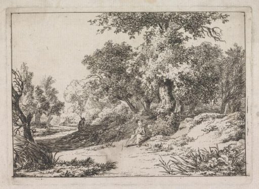 Landscape with a resting woman by the road