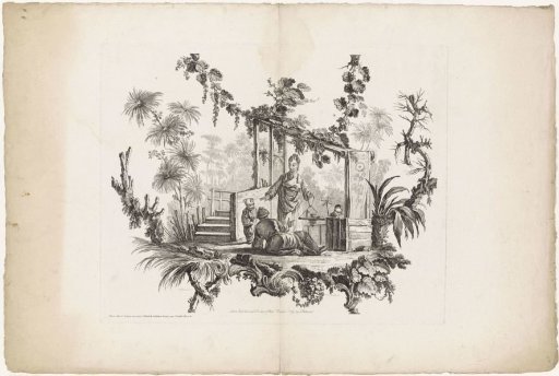 Chinese family at a pavilion with vegetation