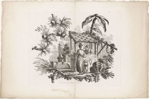 Two Chinese men and a child around a canopy surrounded by plants