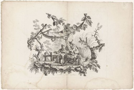 Chinese family with musical instruments, surrounded by vegetation